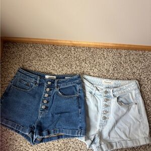 PacSun High-Rise Button-Fly Denim Shorts — Dark Blue & Light Blue